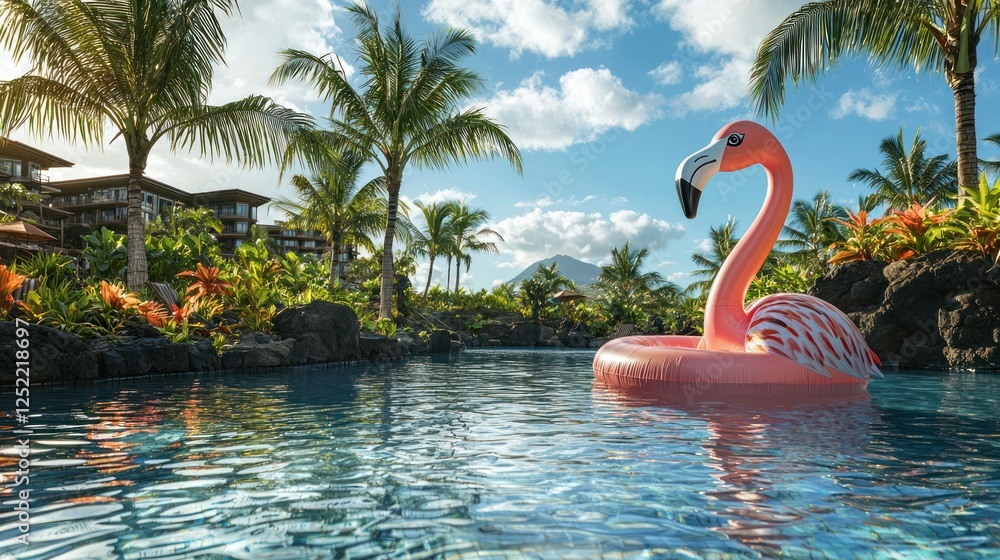 Poster An elegant flamingo floaty in a resort pool, set against a serene landscape with palm trees.