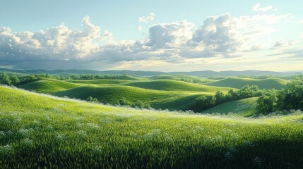 Obraz premium Tranquil Green Hills Serene Landscape Soft Brush Strokes Dappled Sunlight Impressionism