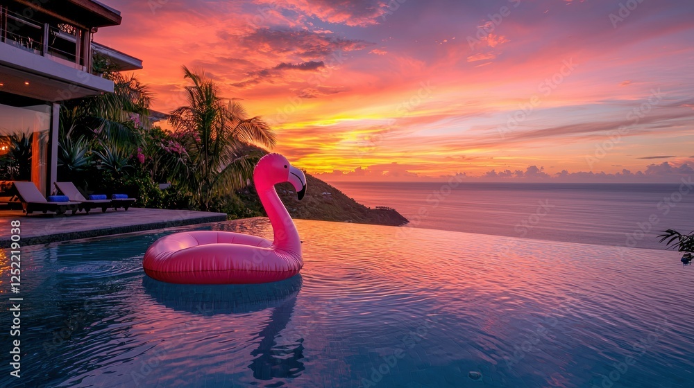 Aufkleber an inflatable flamingo floating in a sunset-lit infinity pool overlooking the ocean.