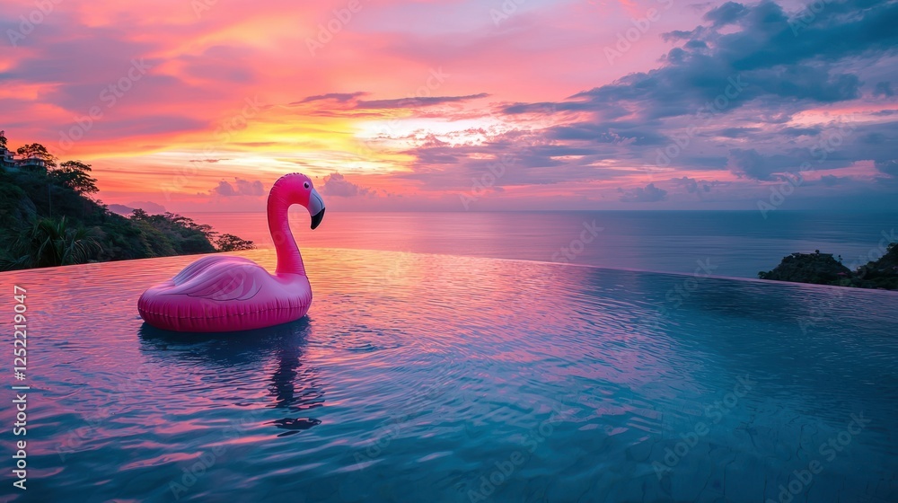 Aufkleber An inflatable flamingo floating in a sunset-lit infinity pool overlooking the ocean. 