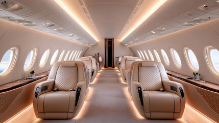 Luxurious first class airplane cabin with plush leather seats and elegant design