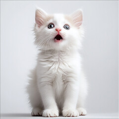 White kitten looking surprised on white background.