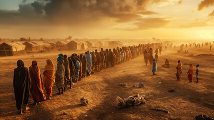 People wait in line for aid in a Sudan refugee camp under a dusty sky at sunset