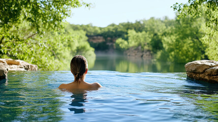 Fototapeta premium woman enjoying serene morning swim in natural pool surrounded by lush greenery