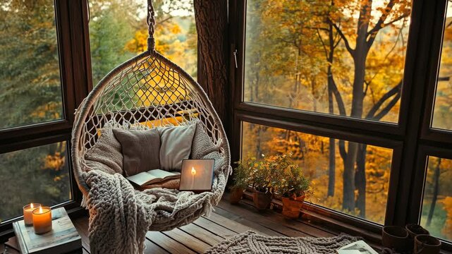 Cozy macrame hanging chair in a treehouse, cozy reading nook with books and candles, large window overlooking an autumn forest, cozy blanket on the armchair,