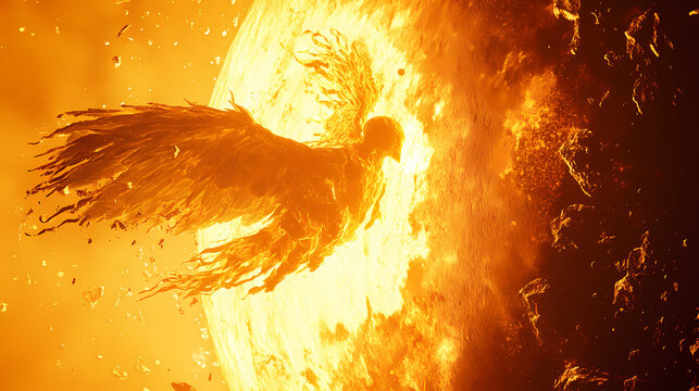 Mythical moment: icarus soaring close to the sun with melting wax wings - with copy space and selective focus. Cursed Celestial Bodies. Illustration