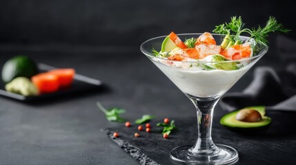 Fresh and Colorful Salad in Elegant Glass with Garnish and Vegetables