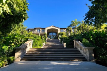 Grand entrance of a luxury estate with lush greenery and a clear blue sky, showcasing elegant architecture in a peaceful upscale neighborhood