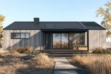 Obraz premium A contemporary house boasts sleek architectural lines, beautifully integrated into its natural surroundings, all set against a clear, sunny day in a picturesque rural landscape