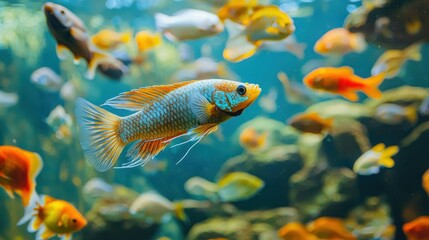 Betta fish exploring a community tank with other peaceful fish species.