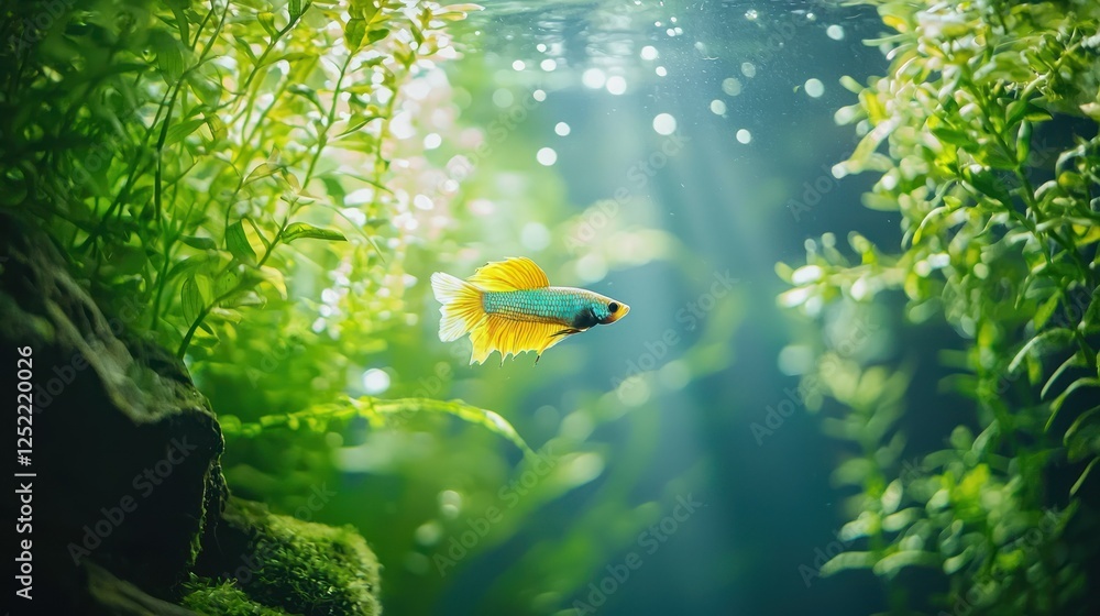Poster betta fish swimming in a lush planted tank with open water spaces.
