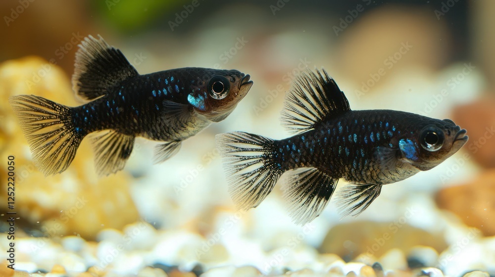 Poster black molly fish interacting in an aquarium with open swimming spaces.