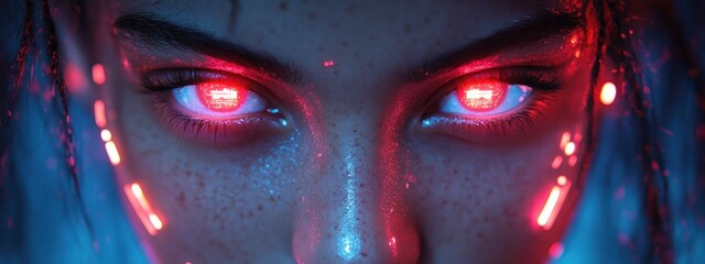 Man Examining Digital Deep Fake Identity in Futuristic Cyberpunk Setting with Neon Colors and Technology Patterns