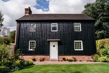 Charming black timber house with white door and window frames surrounded by vibrant garden in a suburban setting on a sunny day