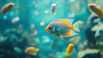 Brightly colored gourami fish exploring a spacious freshwater aquarium. 
