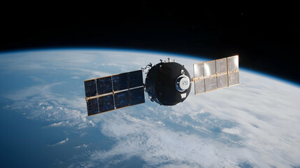 Spacecraft orbiting Earth, solar panels deployed, clouds visible below. Science illustration
