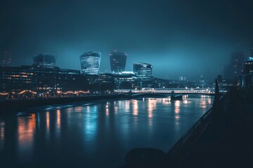 Fototapeta premium London Cityscape at Night: Illuminated Skyscrapers and River Bridge