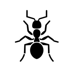 Ant Silhouette Icon: A simple, bold silhouette of an ant, perfect for illustrations, infographics, or educational materials.  The design features a clean, minimalist style.