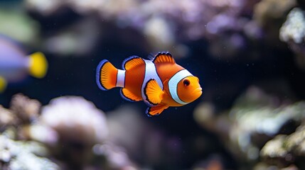Fototapeta premium Clownfish in an expansive reef with other tropical fish visible in the distance. 