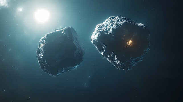Two asteroids approaching earth space rocks sunrise planet cosmic event danger. Cursed Celestial Bodies. Illustration