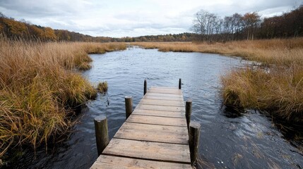 Wooden pier over autumnal marsh