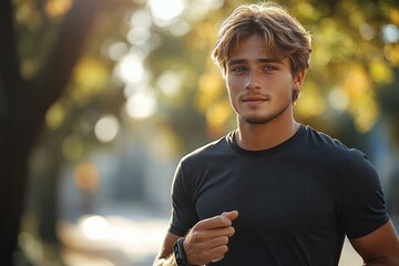 Young man jogging in city park checking smartwatch while listening to music