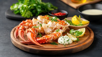 Freshly Cooked Lobster on Wooden Board with Sides and Garnish