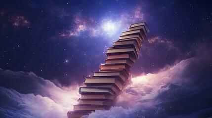 Stairway of Knowledge: Books Ascending into a Cosmic Sky Among the Clouds