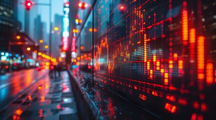 Naklejka premium City Street at Night with Glowing Red Stock Market Ticker Display Showing Financial Data and Trends