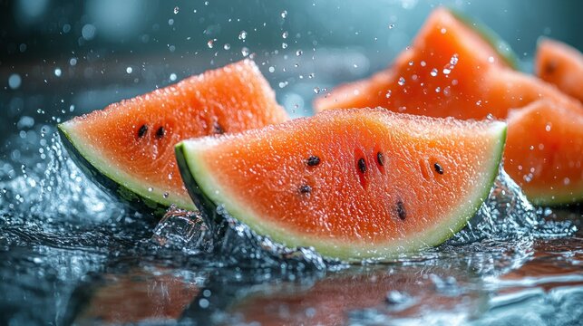 Vibrant Watermelon Slices Splashing in Water on Blue Background