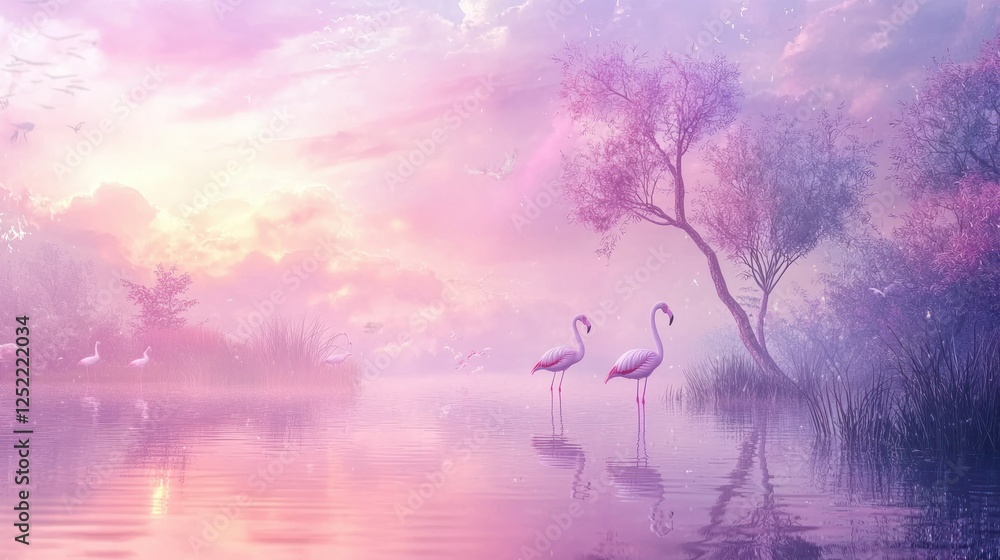 Aufkleber Flamingos standing in a serene wetland with reflections on the water and a soft, colorful sky. 