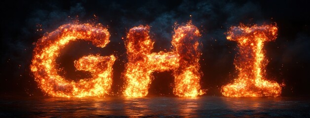 G H I Letters in Flames Realistic Black Fire Typography