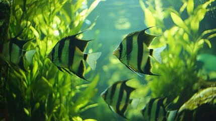Group of angelfish interacting in a tank filled with vibrant green plants. 