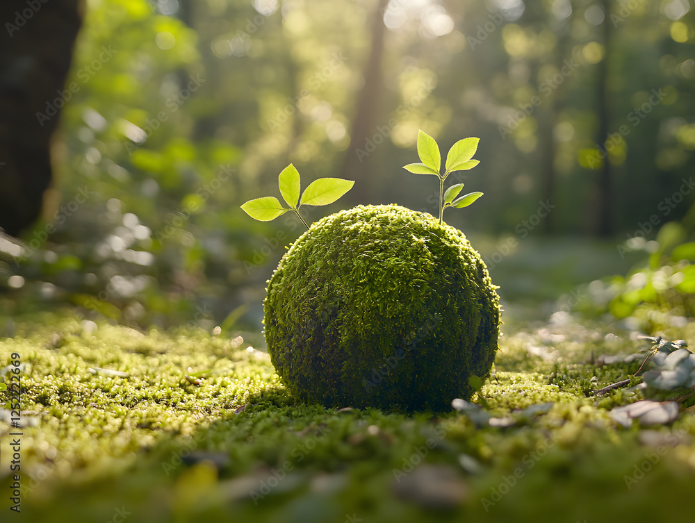 Poster moss sphere with seedlings in forest setting