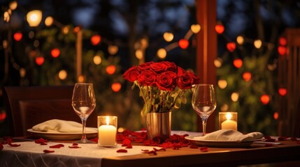 Romantic dinner setting with roses and candlelight for a special evening