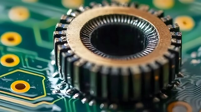 Close-up shot of an advanced ferrite material at the center of a circuit board, surrounded by a circle on the top and bottom. The intricate details, such as grooves and metal components
