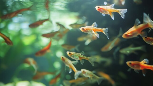 Group of colorful guppies exploring open water in a calm environment.
