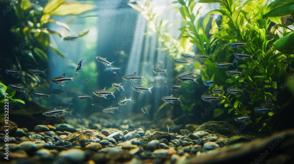 Aufkleber Group of zebra danios darting through a freshwater aquarium with natural light. 