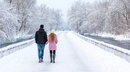 Couple walking hand-in-hand on a snowy path, winter scene, peaceful moment. Possible use stock photography for winter, relationships, travel