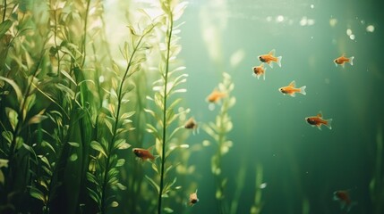 Obraz premium Guppies gliding among tall aquatic plants in a well-lit tank. 