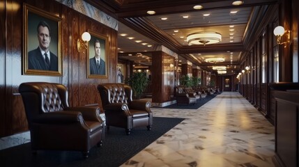 Elegant corridor with leather chairs, framed portraits, and decorative lighting in a luxurious setting