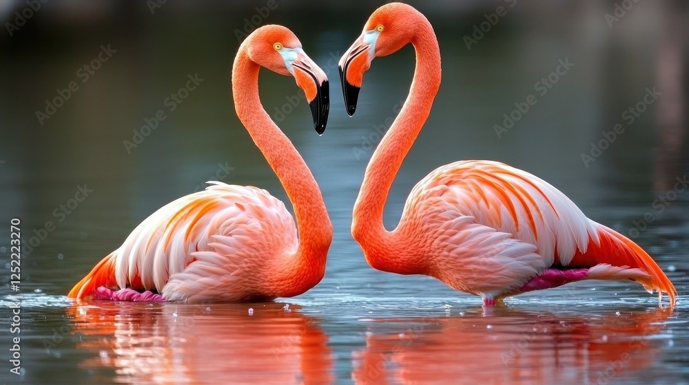 Poster Lesser flamingos wading through shallow waters, with reflections in the calm surface.