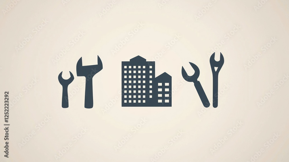 Poster minimalist logo concepts combining construction tools and building silhouettes.