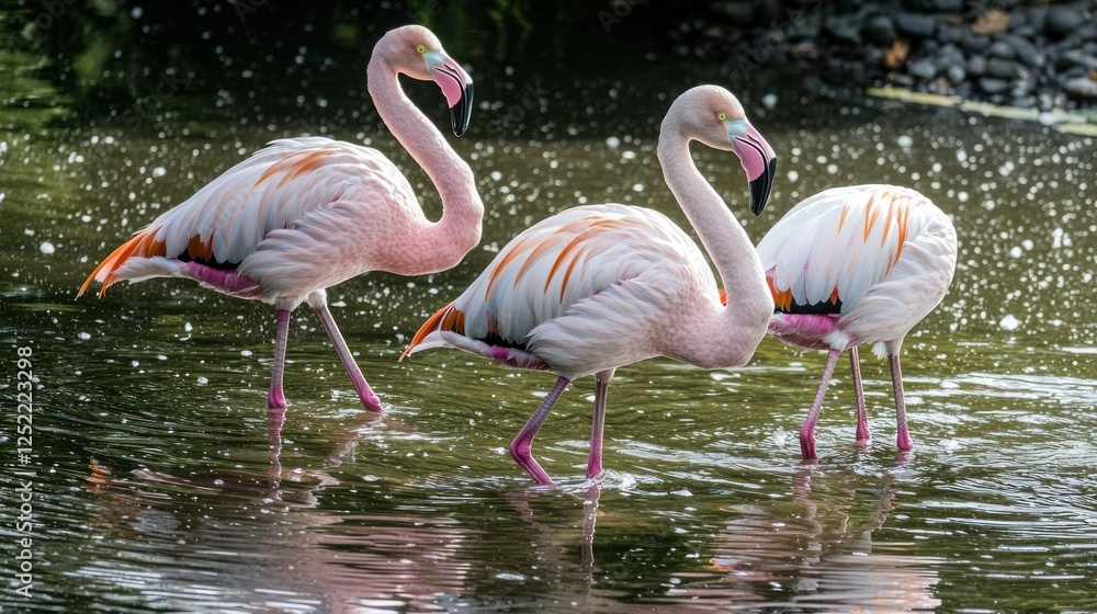 Poster Lesser flamingos wading through shallow waters, with reflections in the calm surface. 
