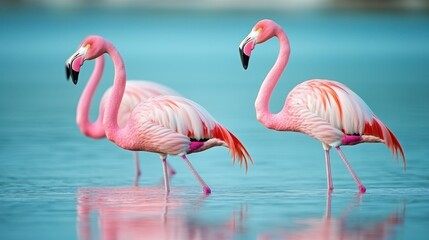 Lesser flamingos wading through shallow waters, with reflections in the calm surface. 