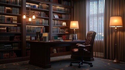Luxurious study, evening light, bookshelves, desk, city view