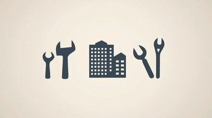 Minimalist logo concepts combining construction tools and building silhouettes. 