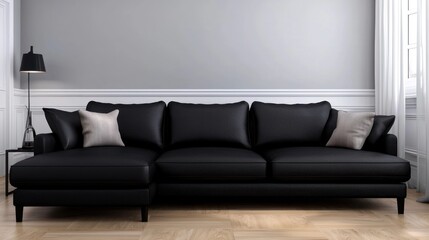 Modern black leather sectional sofa in gray room