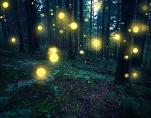 Scattering Glowing Fireflies Over a Dark Forest Floor Background