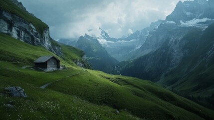 Alpine cabin, scenic valley, mountain backdrop, travel poster